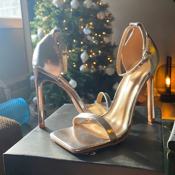 squared silver heels